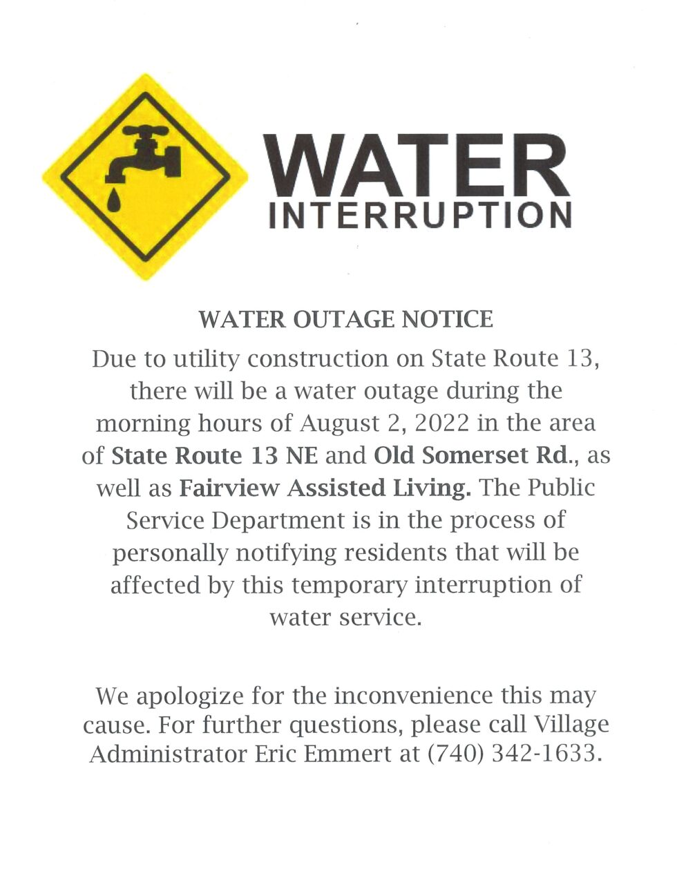 Temporary Water Outage Village Of New Lexington